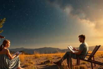 Egy férfi és nő asztrologizál a csillagos ég alatt.