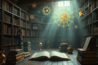 Könyvtár csillagképekkel és asztrológiai szimbólumokkal.