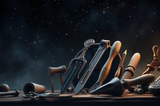 Asztrológiai eszközök és szerszámok éjszakai égbolt alatt.