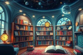 Asztrológiai könyvek és órák egy varázslatos könyvtárban.