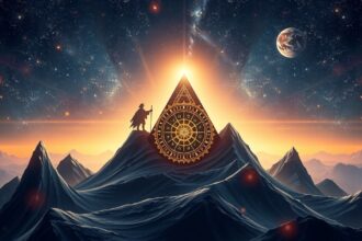 Asztrológiai házcsúcsok szimbóluma hegycsúcsokon, csillagok alatt.