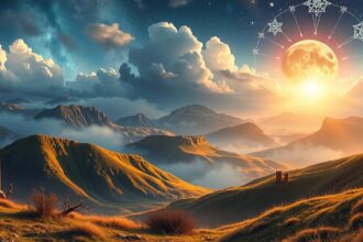 Asztrológiai táj szimbolikus elemekkel a horoszkópban