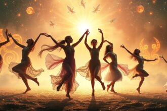 Nők táncolnak a nap fényében, asztrológiai szimbólumokkal körülvéve.