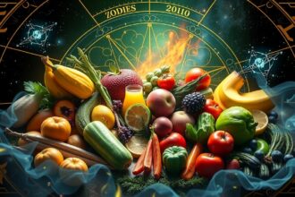 Gyümölcsök és zöldségek asztrológiai szimbólumokkal a háttérben