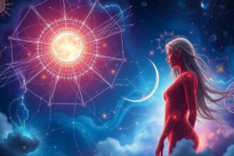 Asztrológiai szimbólumok és az emberi test illusztrációja az éjszakai égbolton.