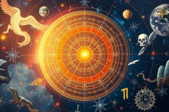 Asztrológiai szimbólumok és vallási elemek egyesítése a képen.