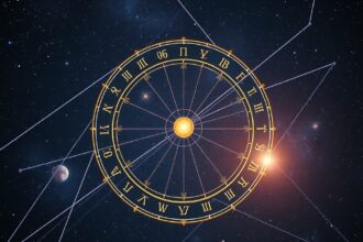 Ekliptikai koordinátarendszer az asztrológiában, égi háttérrel.