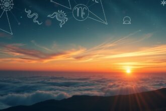 Naplemente csillagképekkel az égen, asztrológiai szimbolikával.