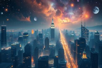 Asztrológiai városkép éjszakai égbolttal és csillagokkal.