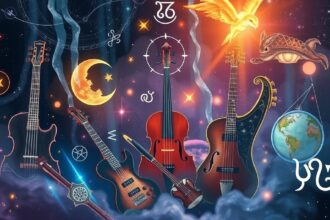 Zenei műszerek és asztrológiai szimbólumok egy galaxisban