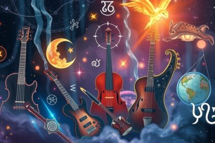 Zenei műszerek és asztrológiai szimbólumok egy galaxisban