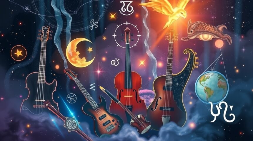 Zenei műszerek és asztrológiai szimbólumok egy galaxisban