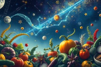 Színes zöldségek és fűszerek asztrológiai témában, csillagokkal.