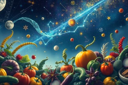 Színes zöldségek és fűszerek asztrológiai témában, csillagokkal.