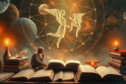 Álom idősebb férfi könyvekkel és angyali lényekkel, melyek kommunikációra ösztönöznek.