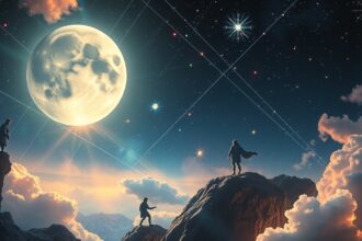 Holdcsomópont a Szűz csillagjegyében, éjszakai égbolt és hegyek.