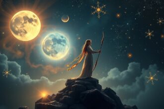 Nő ősi ruhában, nyíllal és láthatatlan tartalmak az éjszakai égen.