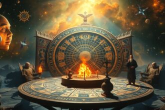 Az asztrológia fejlődésének szimbolikus ábrázolása egy térben.