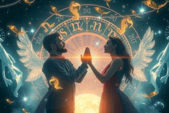 Pár a horoszkóp jegyek és csillagok előtt, szimbolizálva a hűséget és megbízhatóságot.