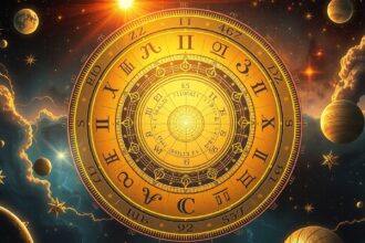 Asztrológiai táblázat a kozmikus állásokról és az aszcendenst jelképező szimbólumokkal.