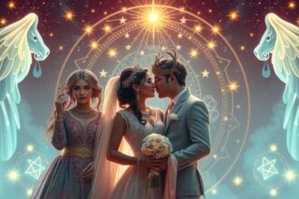 Hármas csillagjegyes pár és barátjuk esküvői környezetben.