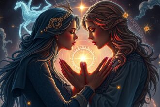 Két nő egymásra néz, csillagokkal és asztrológiai szimbólumokkal körülvéve.