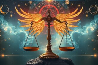 Aranyszárnyú mérleg, horoszkóp és csillagjegyek képe.