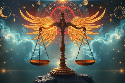 Aranyszárnyú mérleg, horoszkóp és csillagjegyek képe.