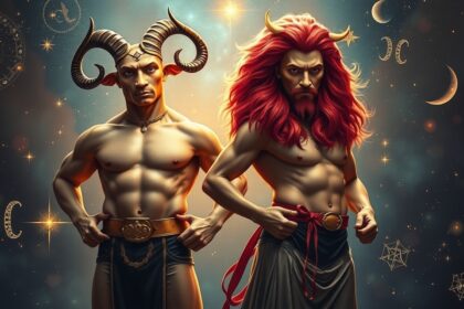 Két erőteljes férfi, akik a kos és a skorpió csillagjegyeket képviselik.