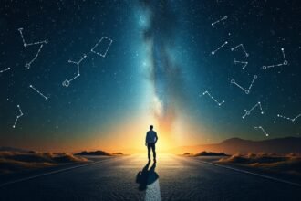 Férfi áll az úton, csillagokkal az égen, horoszkóp téma.