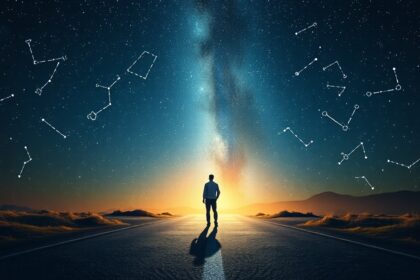 Férfi áll az úton, csillagokkal az égen, horoszkóp téma.