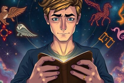 Fiatal férfi pénzügyi horoszkóp könyvet olvas a csillagok alatt.