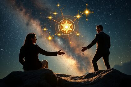 Két üzletember a csillagok alatt, üzleti partnerség lehetőségeit mérlegelik.