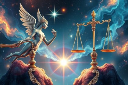 Angyali figura egyensúlymérleggel, csillagok háttérben.