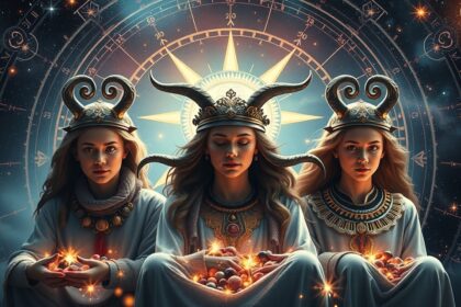Három isteni női alak a zodiákus és égbolt előtt, drámai hangulatban.