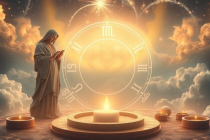 Astrológiai szimbólumokkal teli háttér háttérben álló bölcs figura.