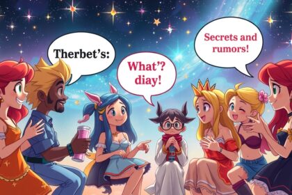 Színes grafika pletykáló karakterekkel az éjszakai égbolt alatt.