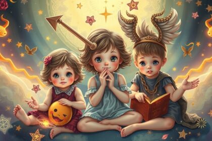 Három gyermek, akik a csillagjegyek jellemzőivel játszanak.