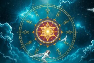 Asztrológiai szimbólumok és egy nő az univerzumban