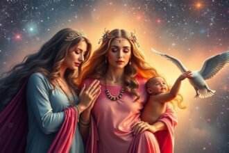 Két nő és egy gyermek, ősanya és csillagjegyek szimbolikájával