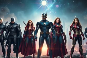 A Bosszúállók szuperhős csapata egy galaktikus háttér előtt.