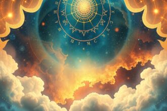 Asztrológiai éggömb a csillagjegyekkel és felhőkkel