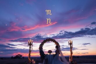 Romantikus esküvői ceremónia naplementében