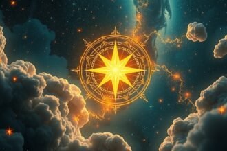 Csillagkompassz a felhők között, az új lehetőségek és bőség szimbóluma.