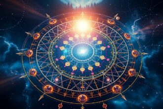 Asztrológiai konfigurációk bolygók és házak körben elrendezve