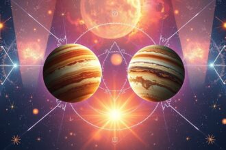 Két bolygó a csillagok között, asztrológiai szimbólumokkal.
