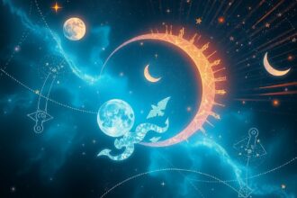 Asztrológiai szimbólumok és égitestek a leszálló holdcsomópont témájában.