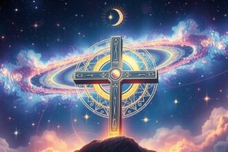 A mozgó kereszt szimbolikája az asztrológiában, galaktikus háttérrel.