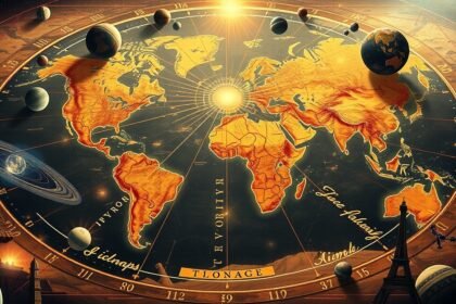 Mundán asztrológiai térkép bolygókkal és kontinensekkel