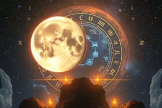 A Hold negyedfényének ábrázolása az asztrológiában, csillagokkal és horoszkóppal.